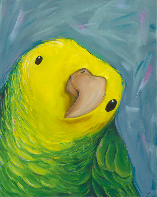 whimsical Colorful parrot painting with a blue background