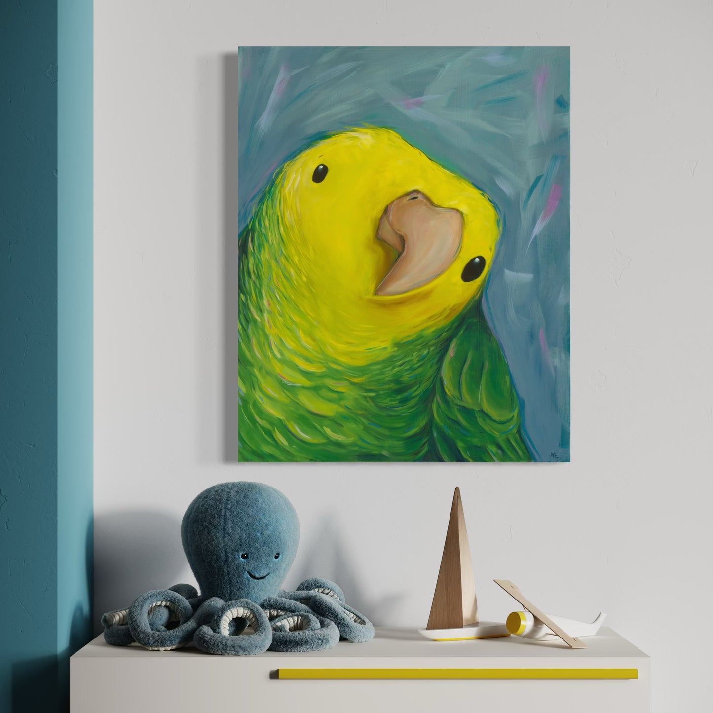 Painting of a parrot on a wall with a plush octopus and wooden toys below.