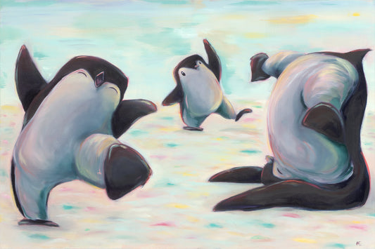 Dancing penguins on a confetti cake background