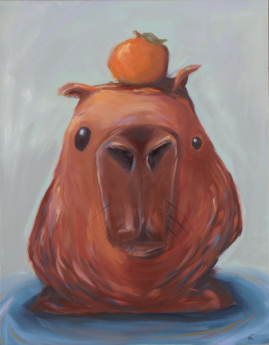 Painting of a whimsical and derpy capybara with an orange on its head against a light blue background