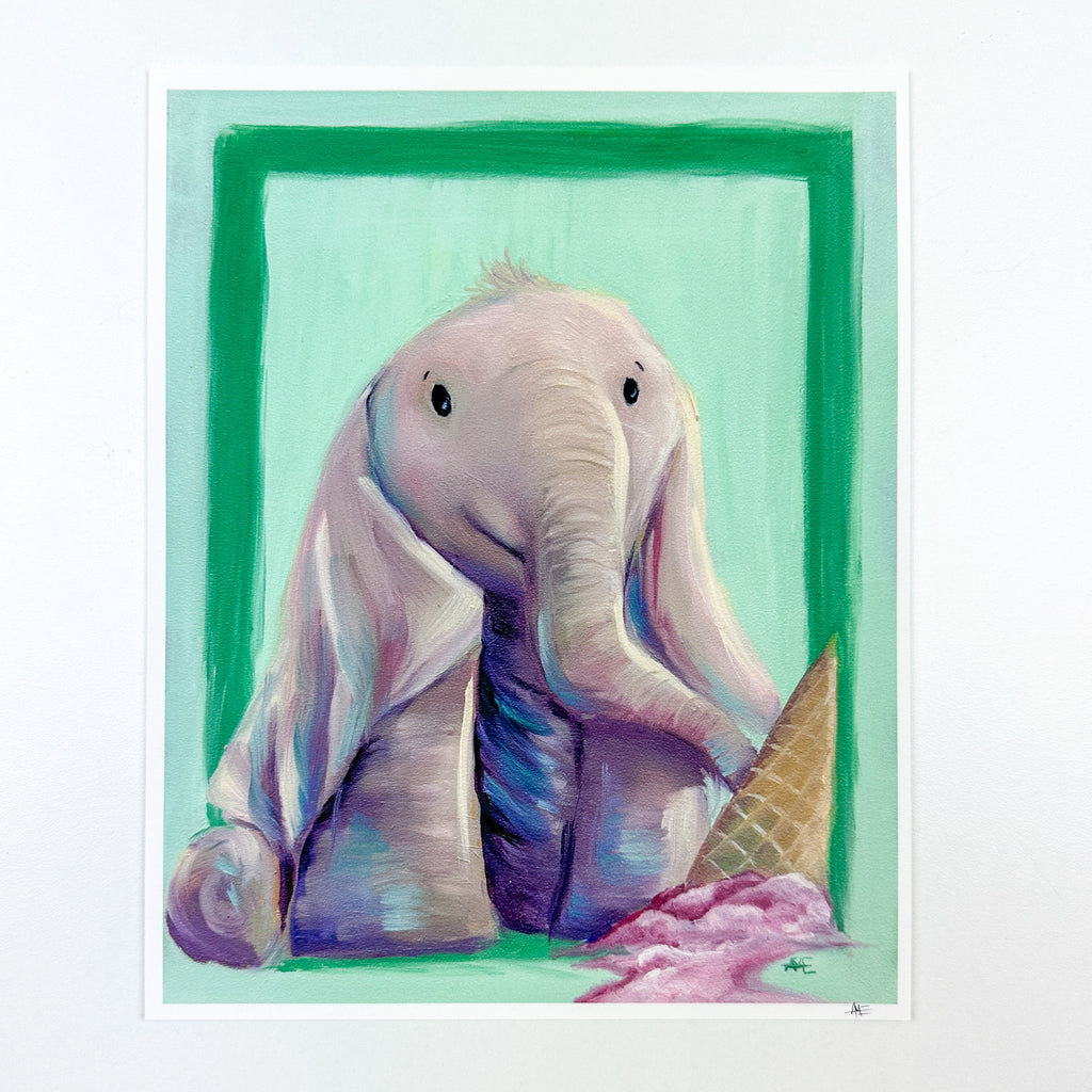 8x10  print of the Elephant with long floppy ears laying over his legs with an upside down ice cream cone in the foreground that has melting pink colored ice cream coming from it