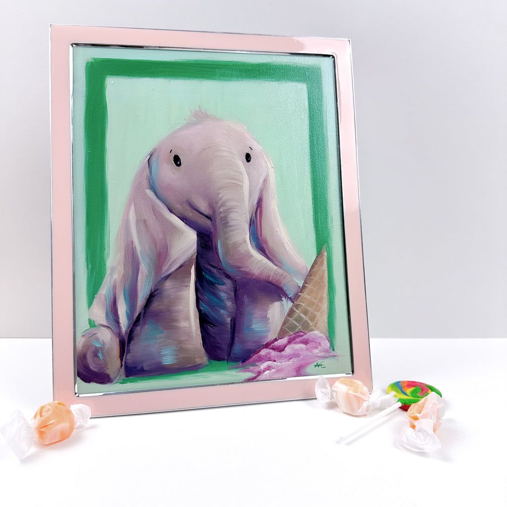 Original oil painting of a cute elephant with purple and blue coloring and long floppy ears. An Ice cream cone that is upside down and melting is in the foreground.