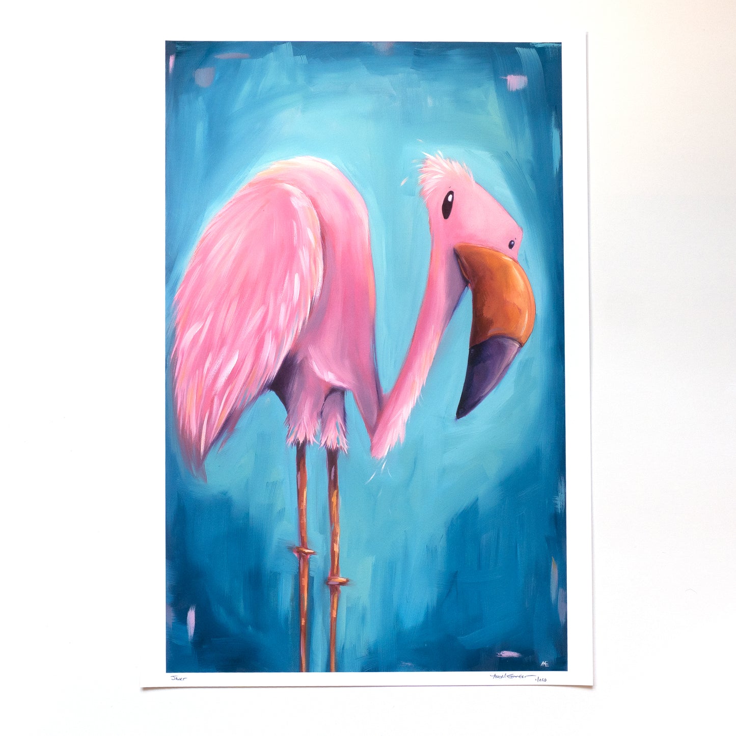 13x19 print of a Painting of a pink flamingo on a blue background