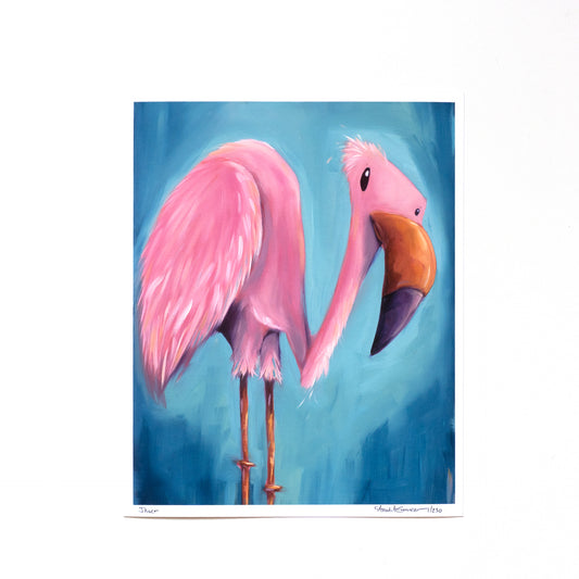 8x10 print of a pink flamingo painting on a blue background
