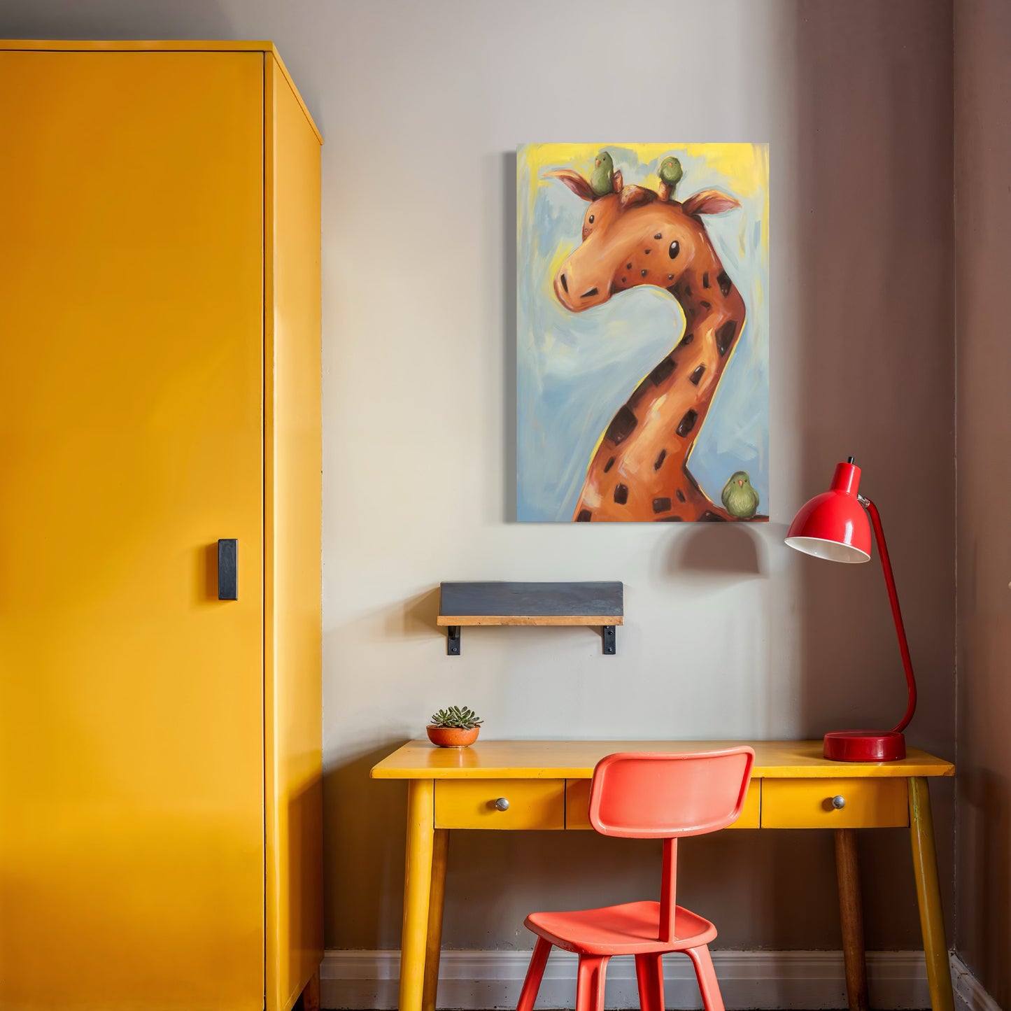 A whimsical portrayal of a giraffe with birds perched on its head, capturing playful companionship over a desk and in a room with yellow furniture