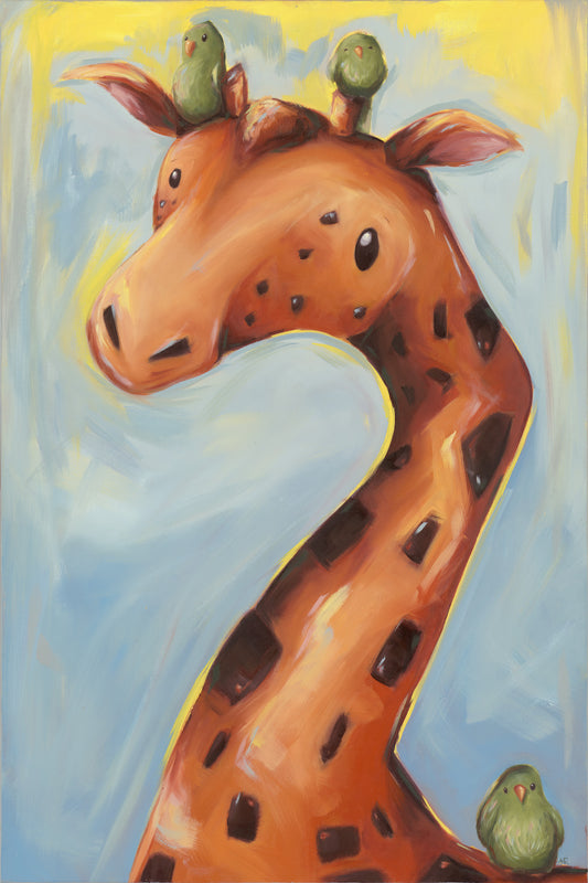 A whimsical portrayal of a giraffe with birds perched on its head, capturing playful companionship.