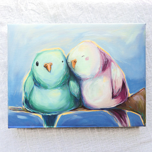 Painting of two colorful budgie birds sitting together on a branch with a blue sky background.