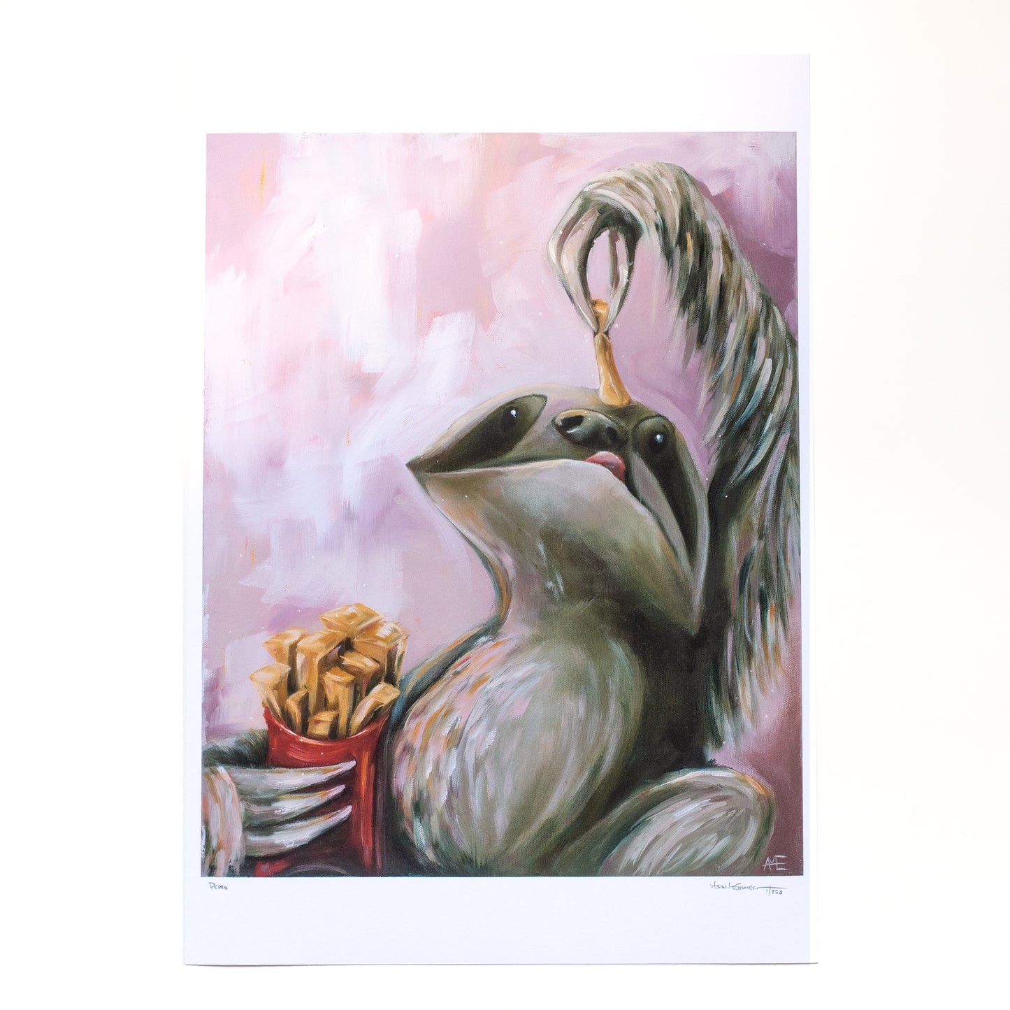 13 x19 print of a sloth holding a French fry over his mouth.