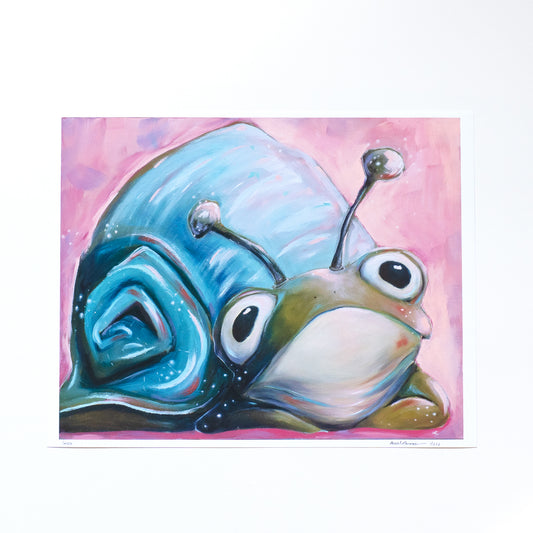 COLORFUL snail/frog combo animal with a pink background