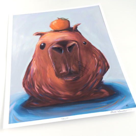 whimsical capybara art print and capybara is wearing orange on head