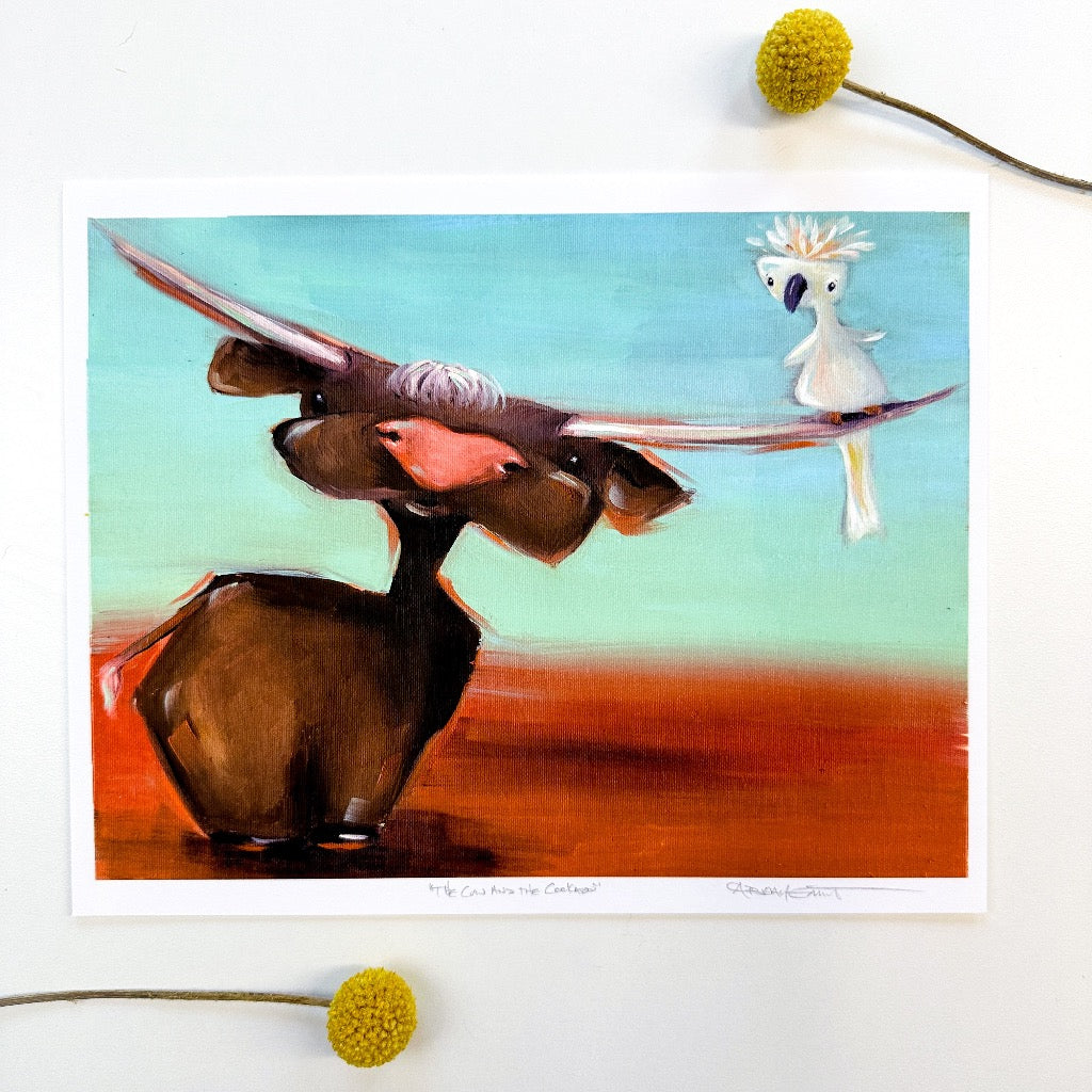 art print from an oil painting of a brown cow with long horns and a derpy cockatoo resting on it's horns