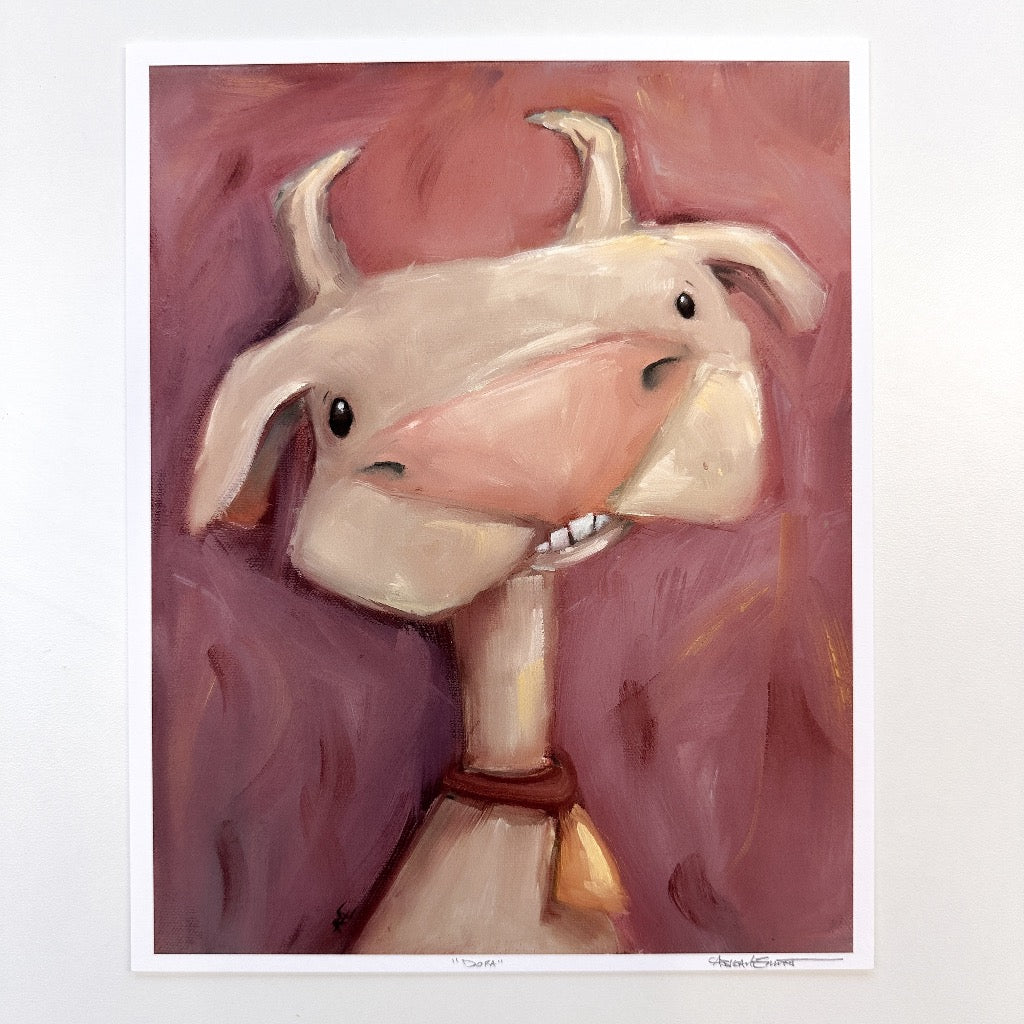 white cow with horns and a bell on her neck. Her bottom teeth are showing too.