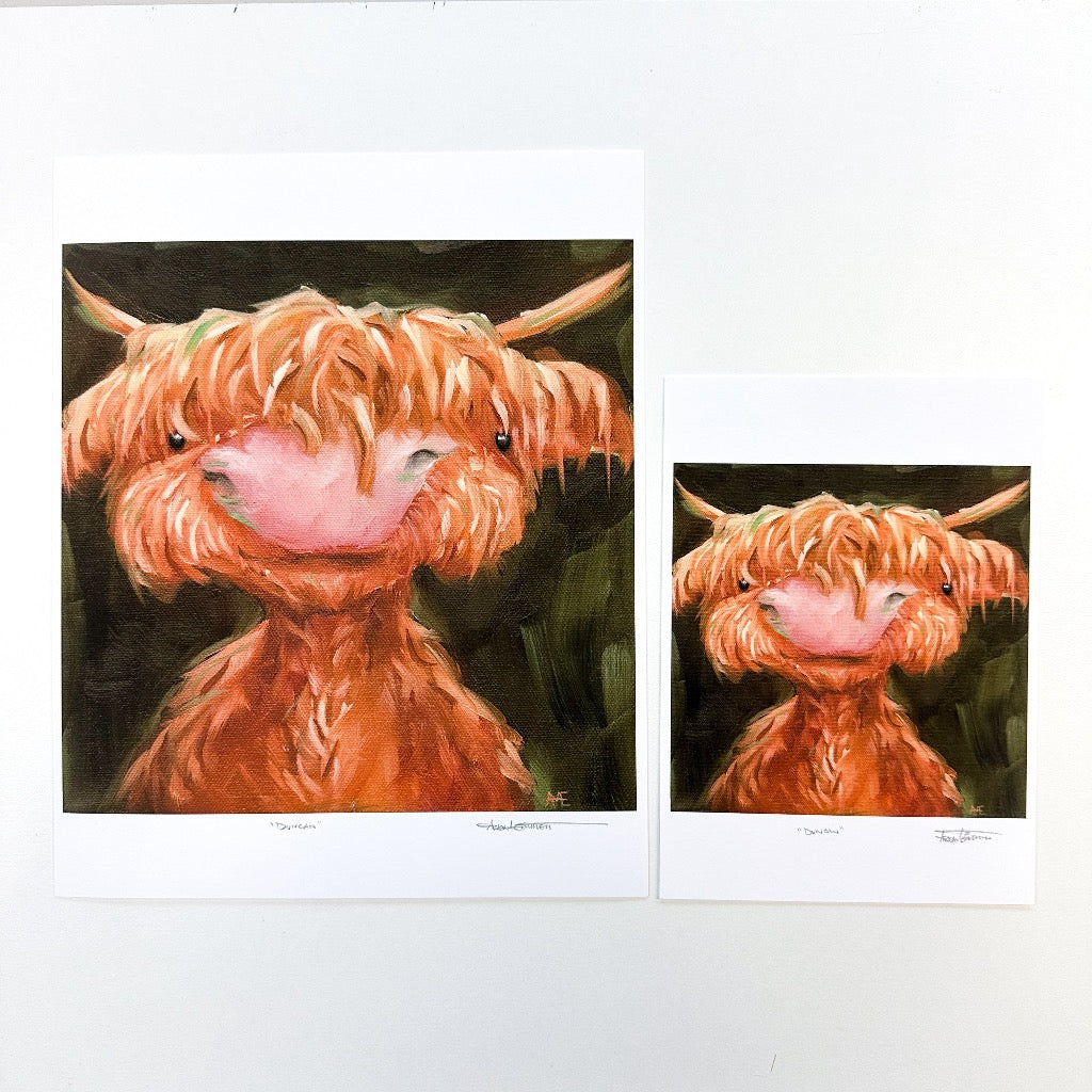 size comparison between the two offered print sizes of the Highland cow, Duncan.