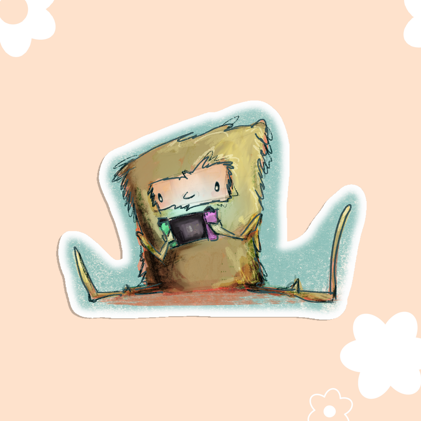 cute Sasquatch illustration, sitting on ground with legs spread out and playing on a handheld gaming platform.