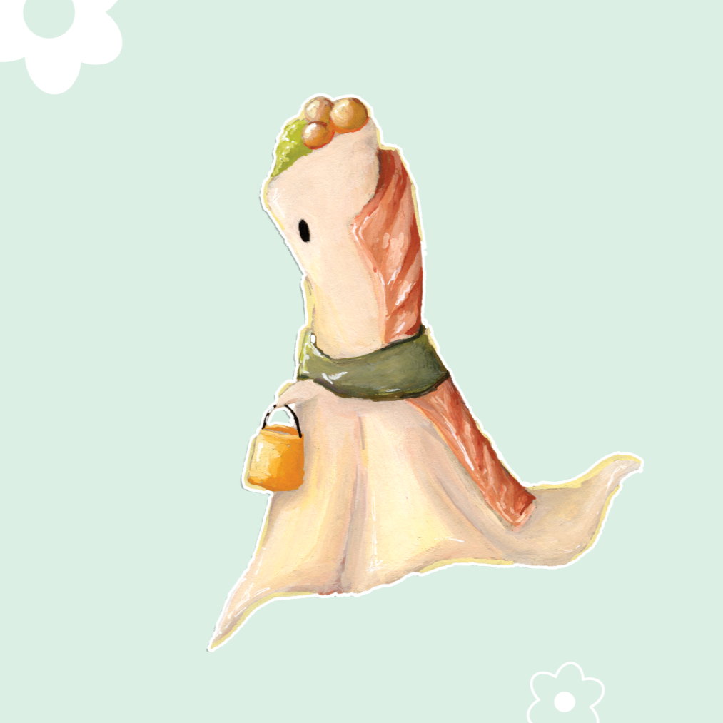 ghost dressed up as sushi with a halloween bag