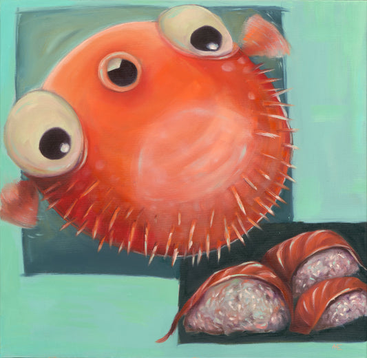 Illustrated oil painting of a puffer fish with large eyes and spines, sitting next to sushi rolls on a teal background.