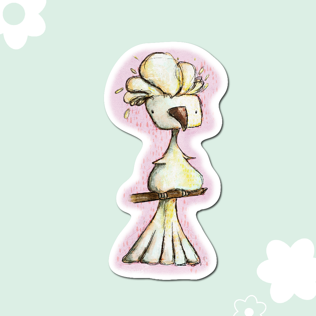 An illustration of an umbrella cockatoo on a little perch. The bird is white and yellow with a soft pink background and white border.