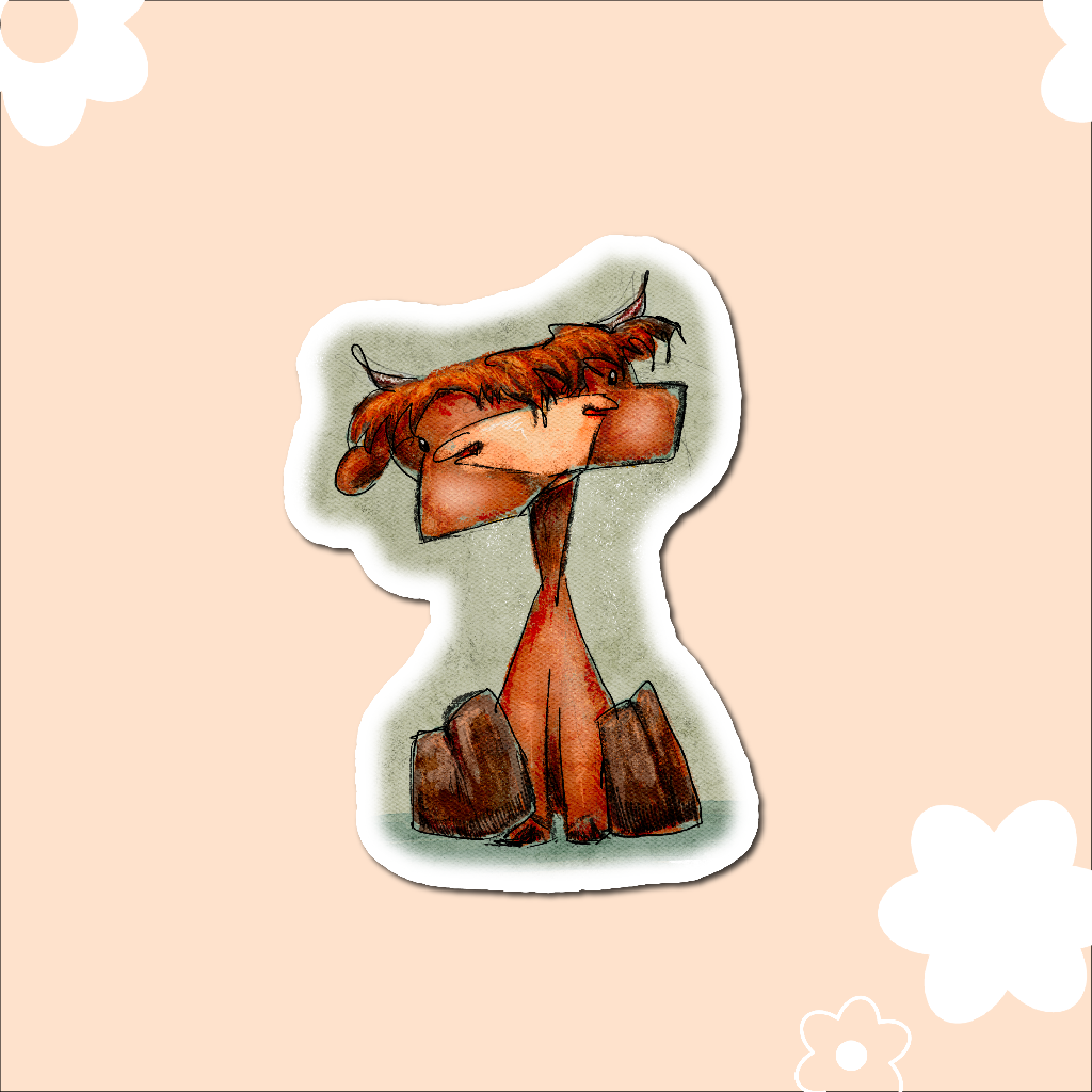 brown cow that has a furry head with a quizzical look on it's face. The cow has red undertones with a green background.