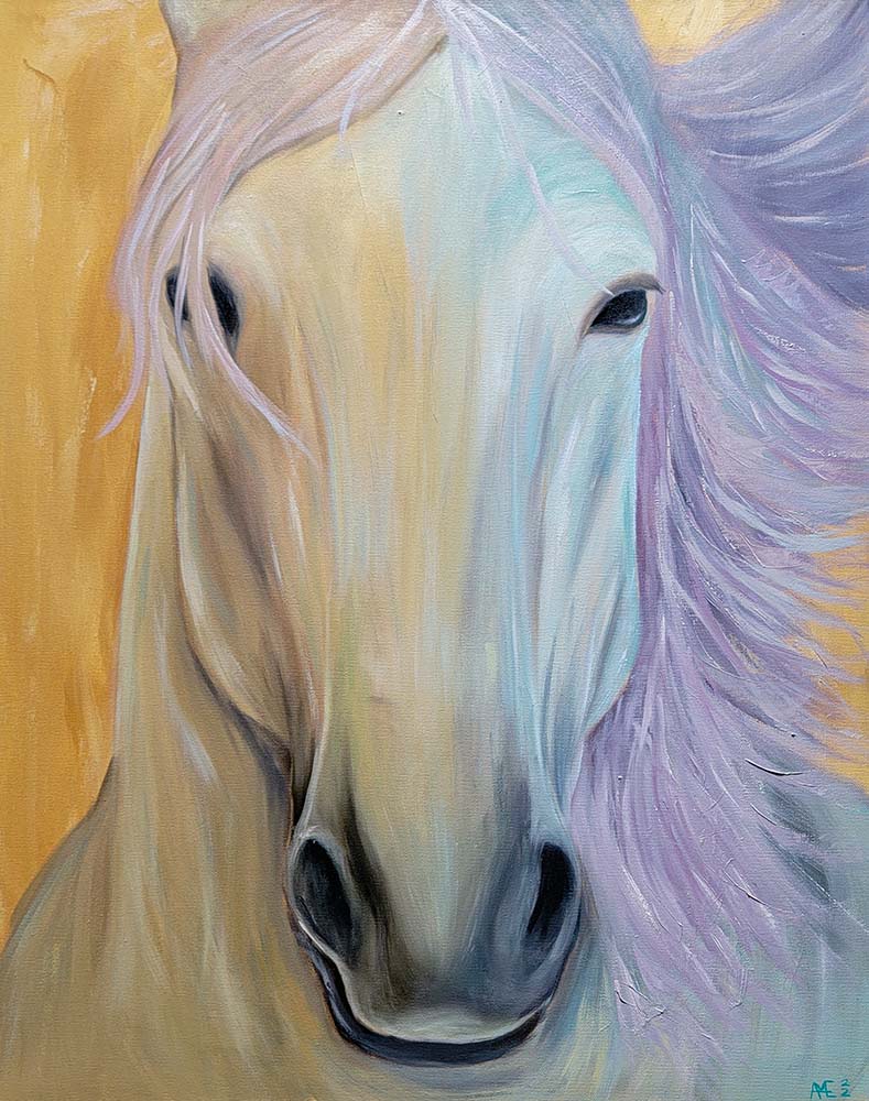 An oil painting of a horse looking directly at you and it has earth tones on one side and bright, magical colors on the other. The horses mane is purple.