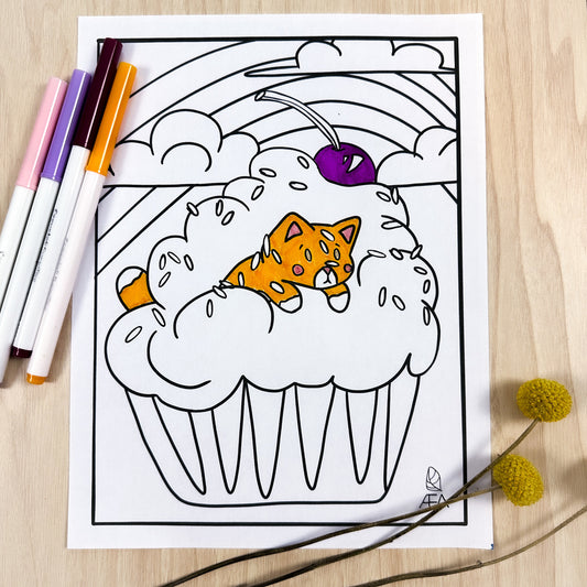 Partially colored Coloring page of a cat diving through icing with a rainbow and fluffy clouds in the background.