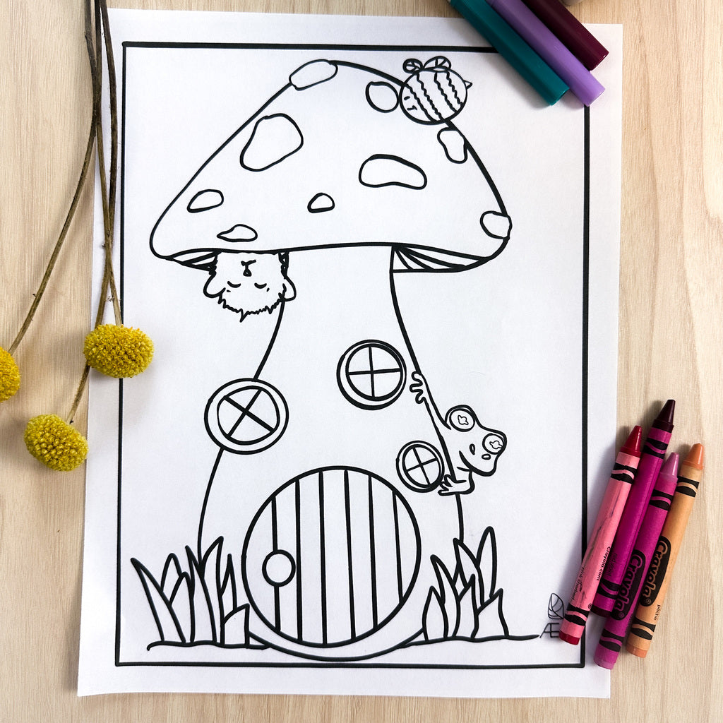 A coloring page of a tall mushroom with 3 windows on the stem and a round door to enter this cute house. There is a bumble bee above it and a purrfle (character of AEA) hanging from it. Filbert the tree frog is also peaking around the side.