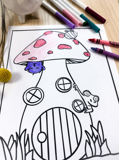 A partially colored coloring page of a tall mushroom with 3 windows on the stem and a round door to enter this cute house. There is a bumble bee above it and a purrfle (character of AEA) hanging from it.  Filbert the tree frog is also peaking around the side.