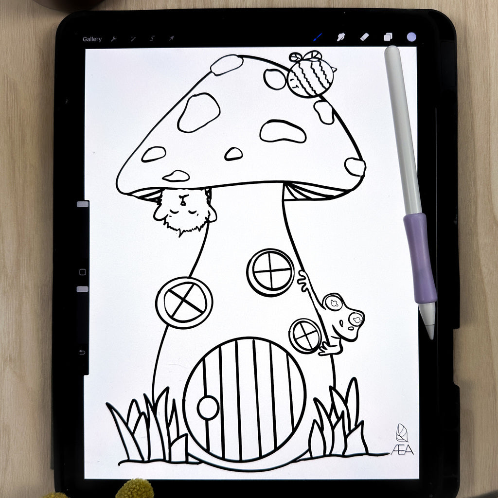 A digital coloring page of a tall mushroom with 3 windows on the stem and a round door to enter this cute house. There is a bumble bee above it and a purrfle (character of AEA) hanging from it. Filbert the tree frog is also peaking around the side. This page is on an iPad in the Procreate app.