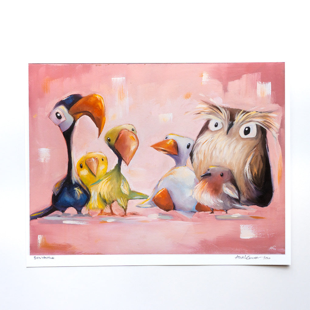 artwork of 6 birds sitting together.  More exotic parrot type birds are facing you more common birds.