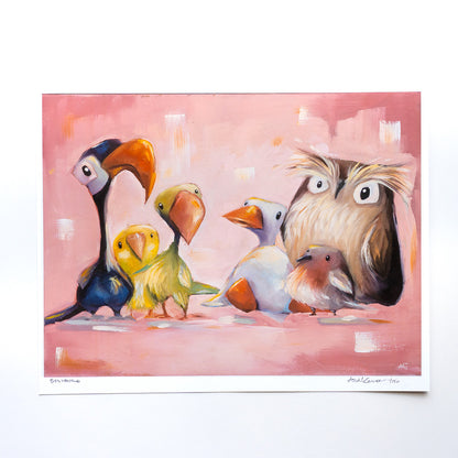 artwork of 6 birds sitting together.  More exotic parrot type birds are facing you more common birds.