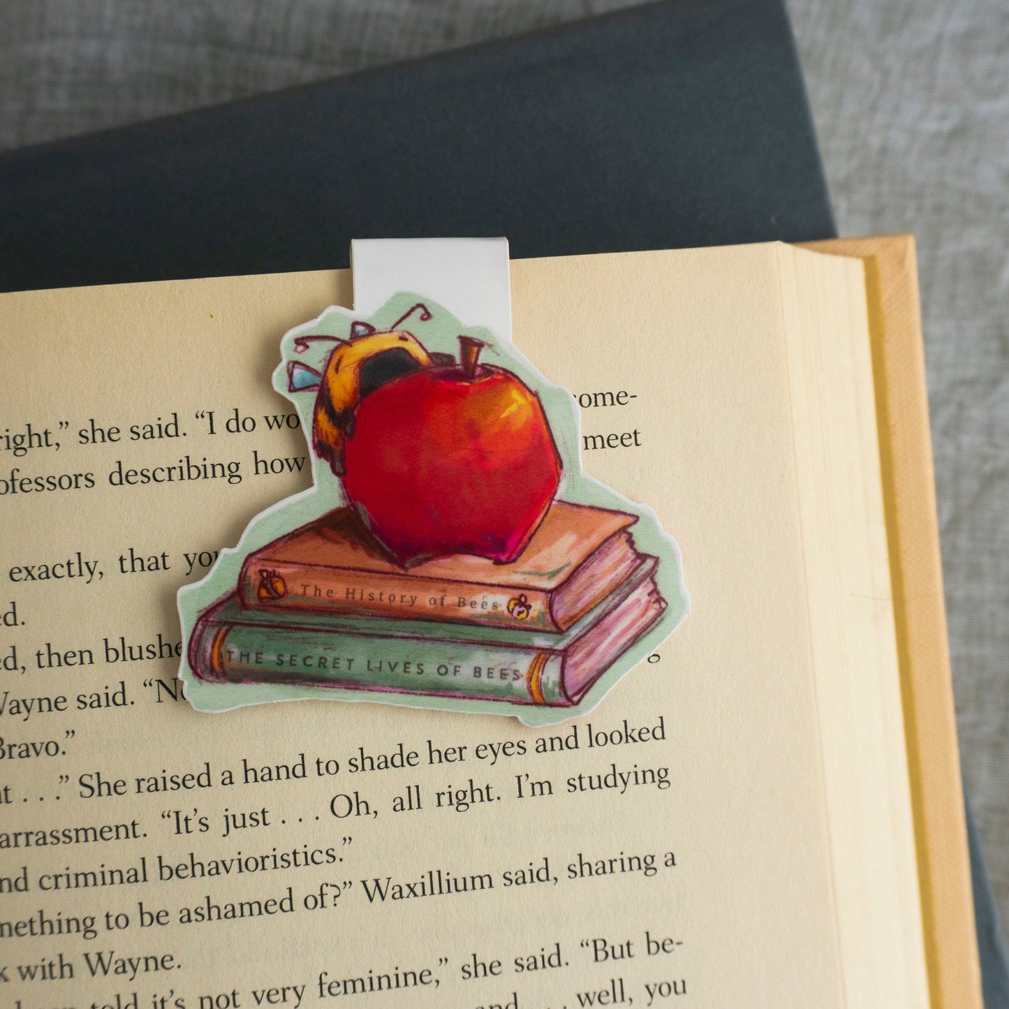 Book with a decorative bookmark featuring an apple and books on an open book