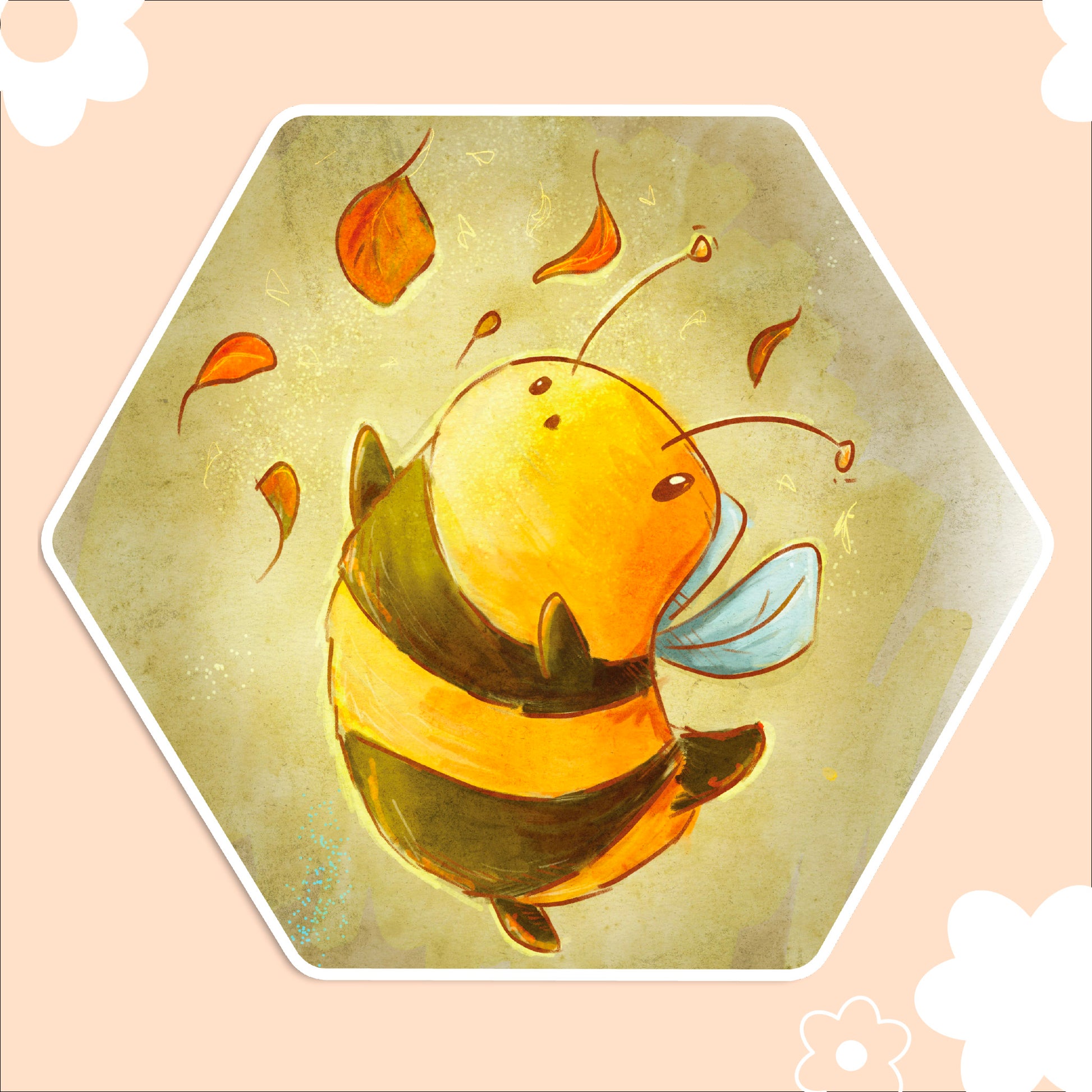 adorable bumble bee with fall leaves on a hexagonal shaped sticker with a mossy green background. 