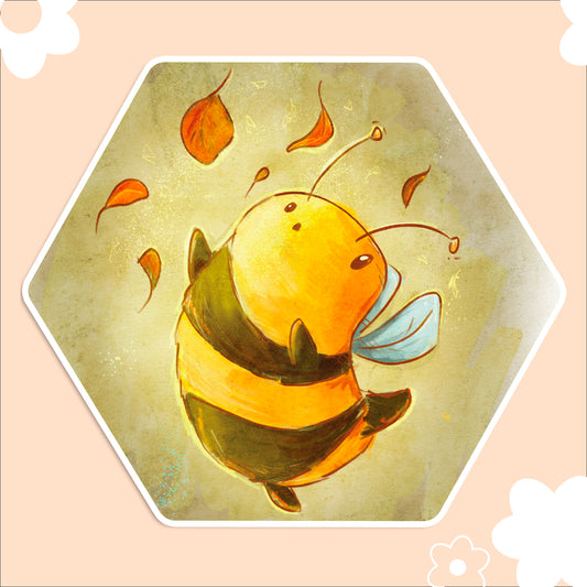 adorable bumble bee with fall leaves on a hexagonal shaped sticker with a mossy green background. 