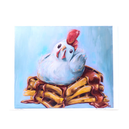 FINE ART PRINT OF AN OIL PAINTING OF A WHIMSICAL CHICKEN ON A STACK OF WAFFLES WITH SYRUP. THIS IS IS 11X14 SIZE
