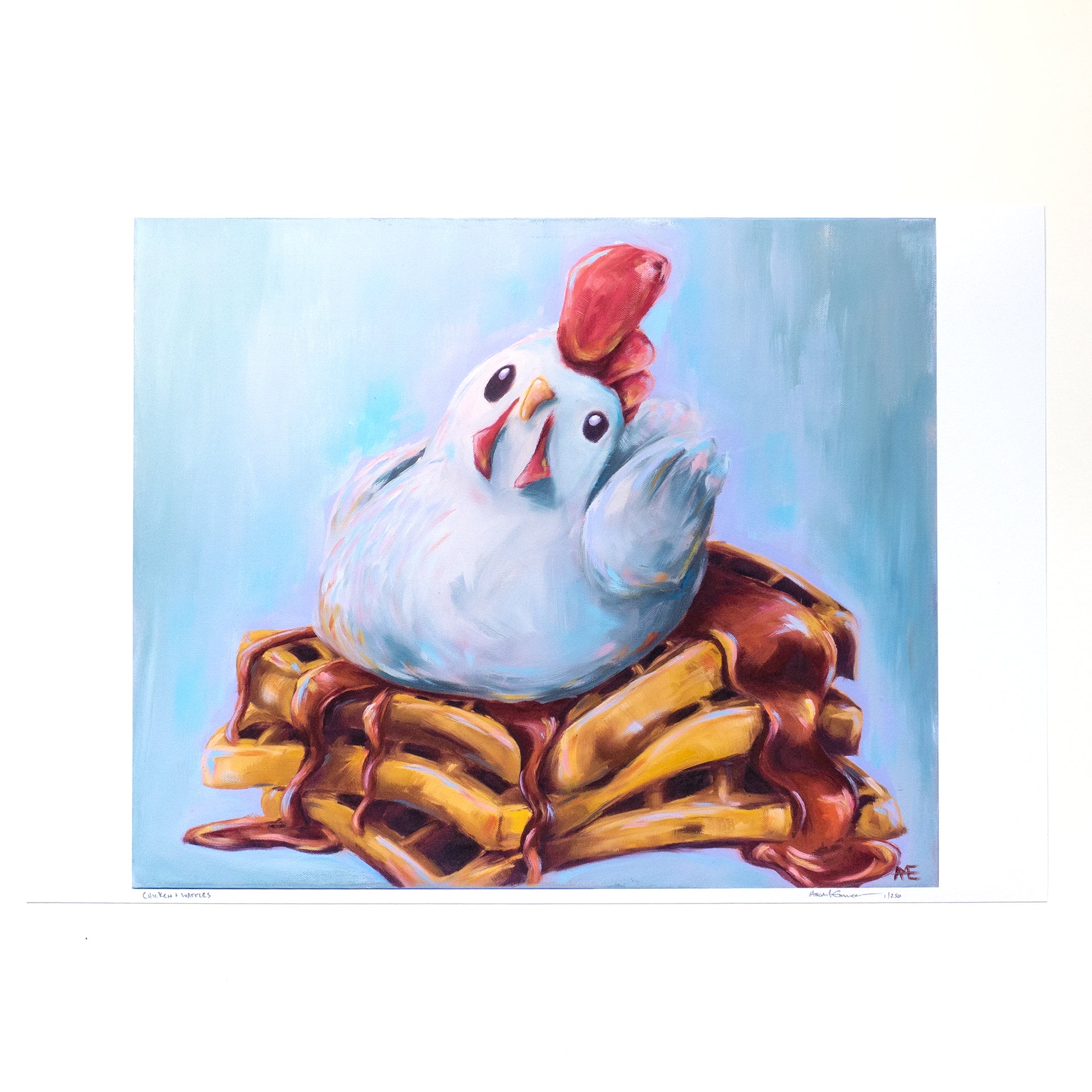 FINE ART PRINT OF AN OIL PAINTING OF A WHIMSICAL CHICKEN ON A STACK OF WAFFLES WITH SYRUP. THIS IS THE 13X19 SIZE