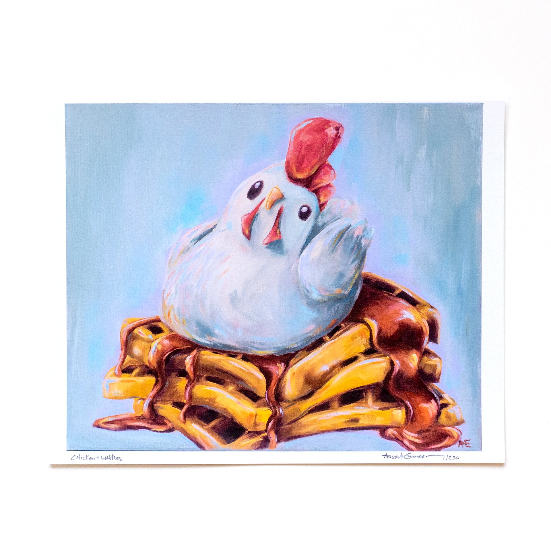 FINE ART PRINT OF AN OIL PAINTING OF A WHIMSICAL CHICKEN ON A STACK OF WAFFLES WITH SYRUP.  THIS IS THE 8X10 SIZE