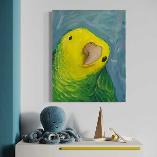 Painting of a parrot on a wall with a plush octopus and wooden toys below.