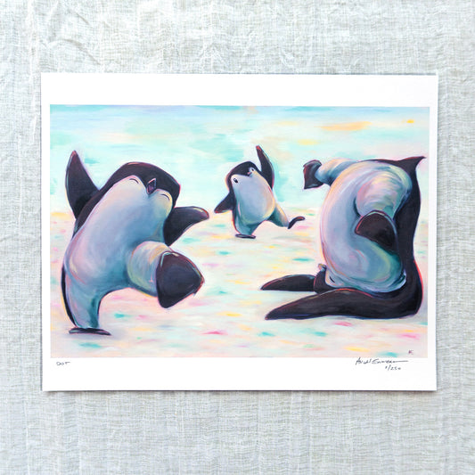 colorful joyful art print of penguin dancing with confetti cake world