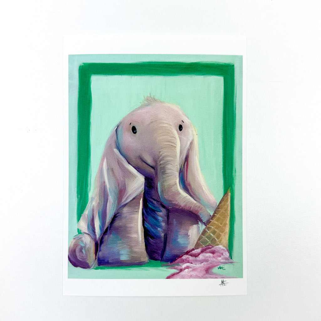 5x7 print of the Elephant with long floppy ears laying over his legs with an upside down ice cream cone in the foreground that has melting pink colored ice cream coming from it
