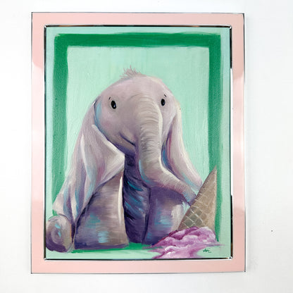 Original oil painting of a cute elephant with purple and blue coloring and long floppy ears.  An Ice cream cone that is upside down and melting is in the foreground. The painting is in a pale pink frame