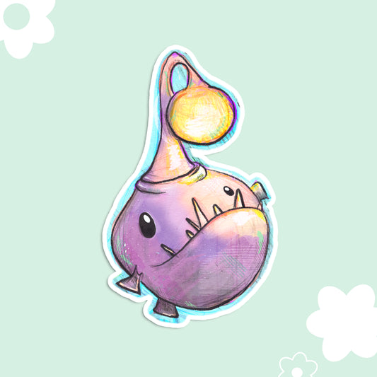 whimsical cute angler fish sticker that is purple with a light blue background and it's lantern. 