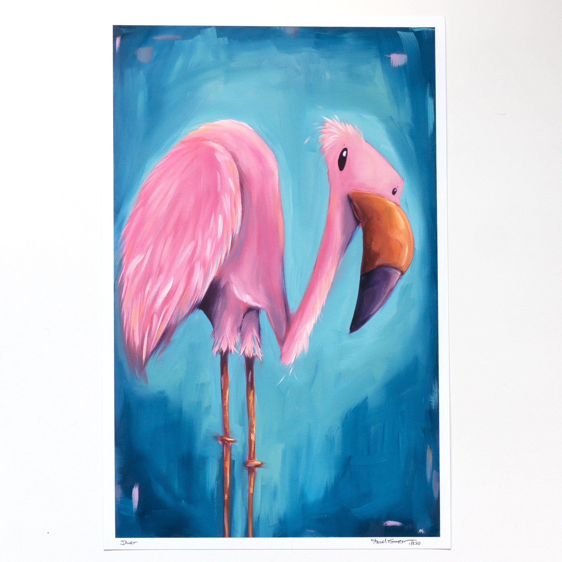 11x17 print of a painting of a pink flamingo with a blue background