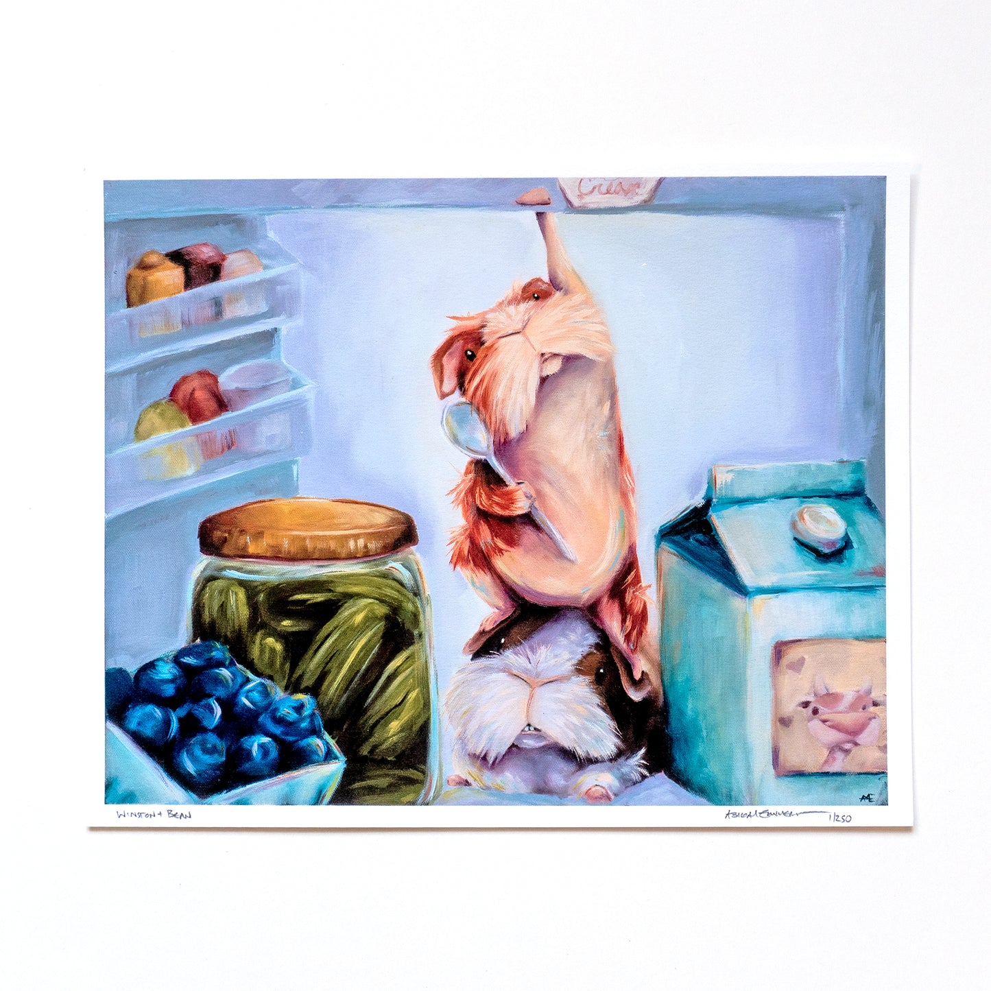 11X14 FINE ART PRINT OF 2 GUINEA PIGS IN THE FRIDGE, ONE IS REACHING TO THE TOP SHELF FOR ICE CREAM