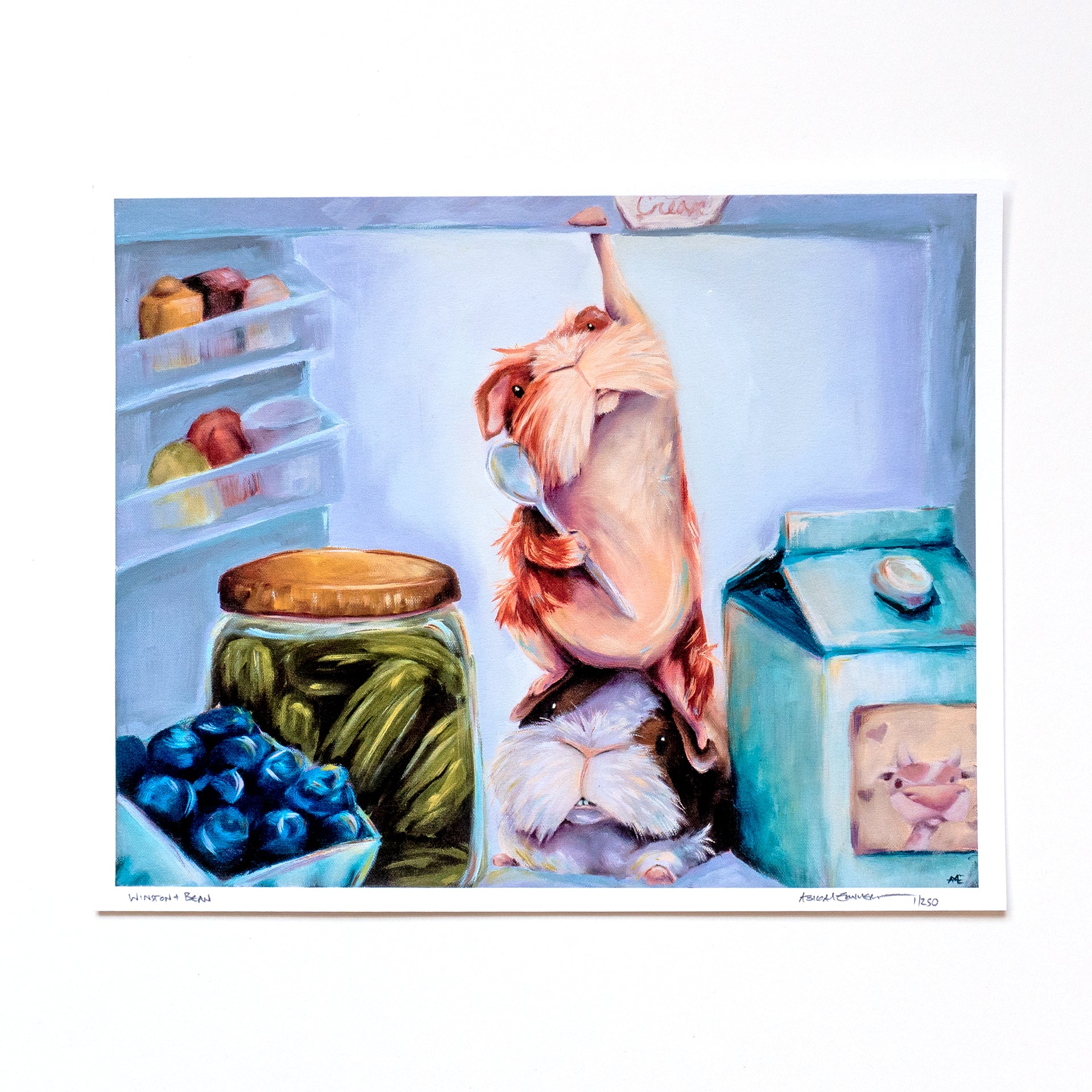 11X14 FINE ART PRINT OF 2 GUINEA PIGS IN THE FRIDGE, ONE IS REACHING TO THE TOP SHELF FOR ICE CREAM