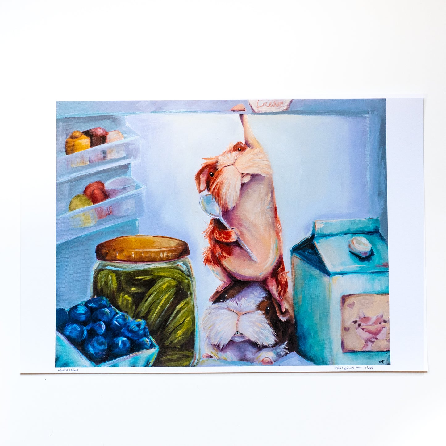 11X14 FINE ART PRINT OF 2 GUINEA PIGS IN THE FRIDGE, ONE IS REACHING TO THE TOP SHELF FOR ICE CREAM
