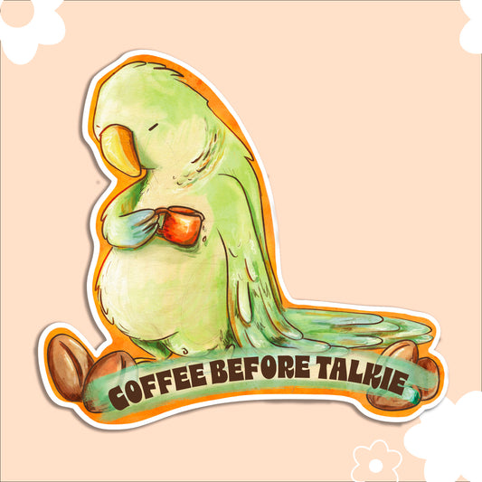 a green parrot bird holding a coffee cup with 'Coffee Before Talkie' text and coffee beans bordering it. 