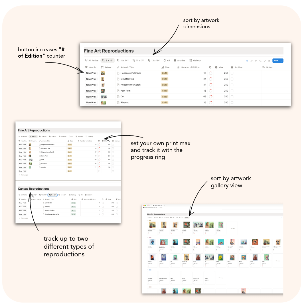 Screenshot of a software interface for managing art reproductions with various sorting and tracking options.