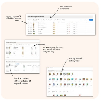 Screenshot of a software interface for managing art reproductions with various sorting and tracking options.