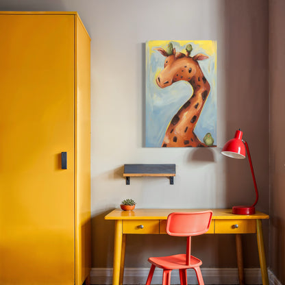 A whimsical portrayal of a giraffe with birds perched on its head, capturing playful companionship over a desk and in a room with yellow furniture