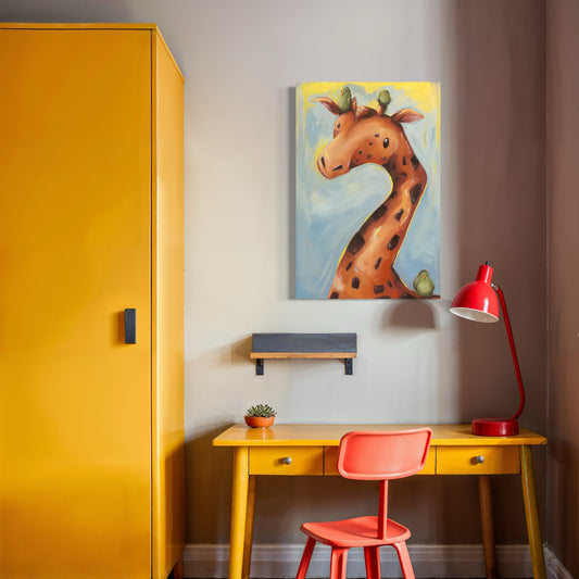 A whimsical portrayal of a giraffe with birds perched on its head, capturing playful companionship over a desk and in a room with yellow furniture