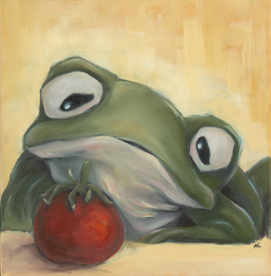 whimsical painting of a frog staring longingly at a cherry tomato 